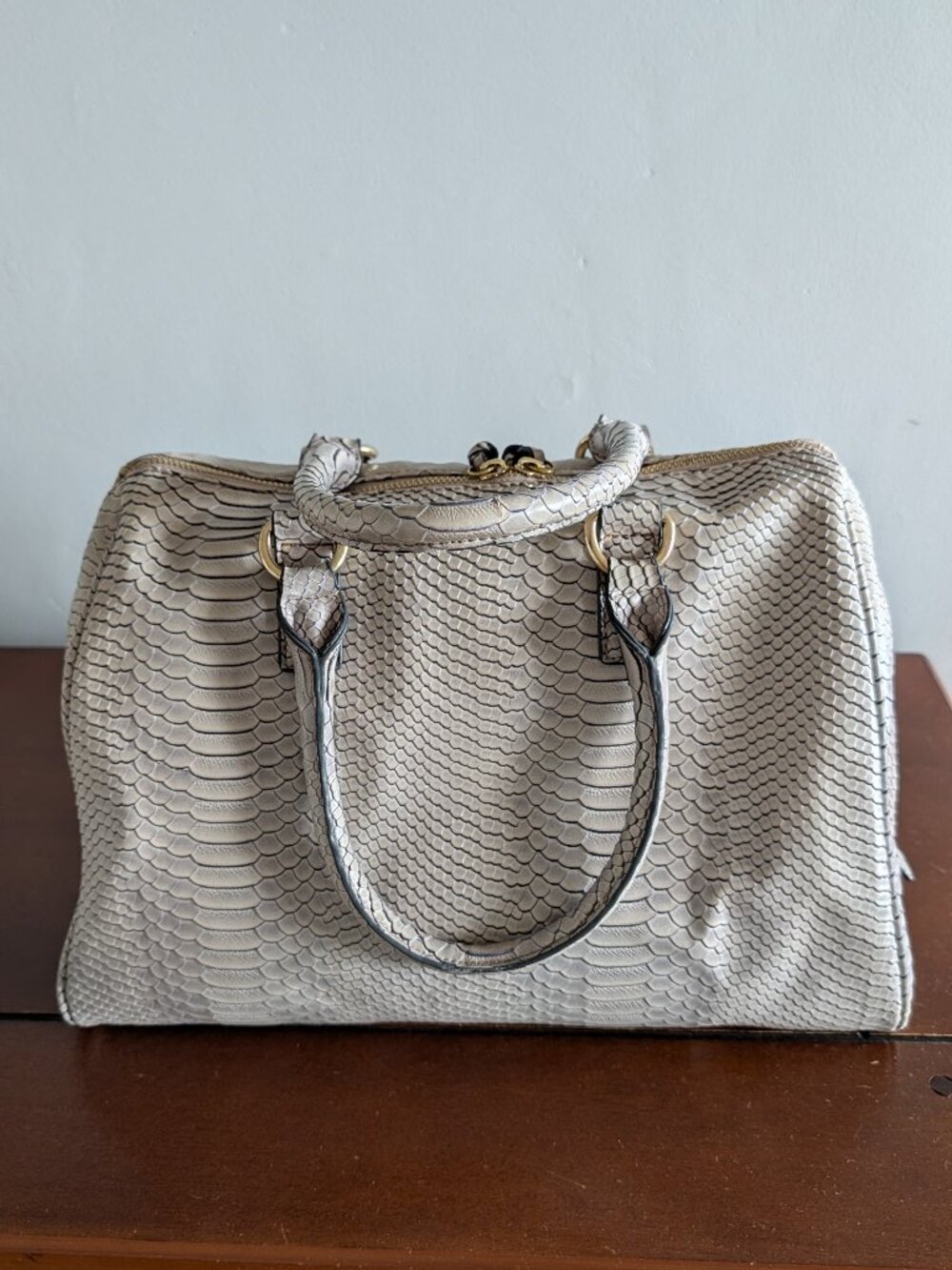 Grey Snake-Print Textured Handbag - Picture 2 of 12